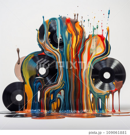 Vintage retro vinyl records melt and flow, unusual creative music background, music design and advertising wallpaper Vintage retro vinyl records melt and flow, unusual creative music background, music design and advertising wallpaper 109061881