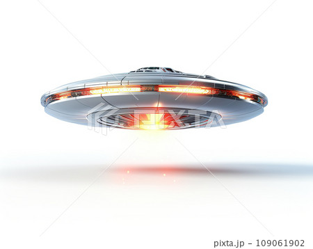 A UFO on a white background. Flying glowing spaceship. 109061902