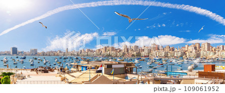 Full sealine Mediterranean panorama of Alexandria, Egypt Full sealine Mediterranean panorama of Alexandria, Egypt 109061952