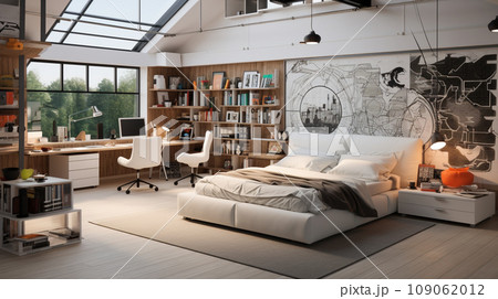 Stylish teenagers room interior with comfortable bed and sports equipment Stylish teenagers room interior with comfortable bed and sports equipment 109062012