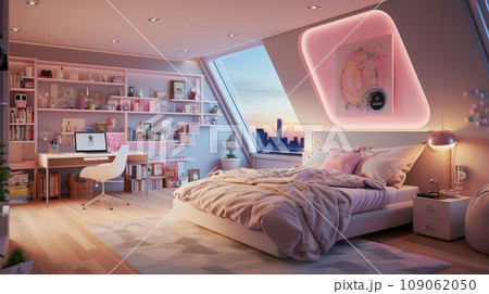 Stylish interior of a room for a teenage girl with a comfortable bed and workplace Stylish interior of a room for a teenage girl with a comfortable bed and workplace 109062050