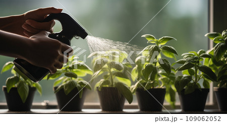 spraying seedlings on the windowsill with a spray bottle spraying seedlings on the windowsill with a spray bottle 109062052