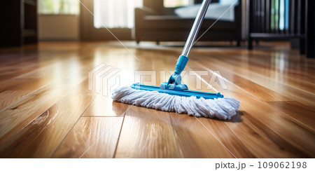 Close-up of a mop on a parquet floor in a room. Cleanliness and cleaning of the house 109062198