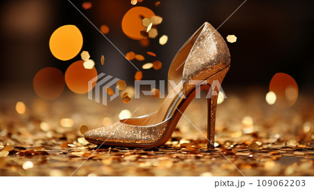 golden shoe on festive golden background with confetti golden shoe on festive golden background with confetti 109062203