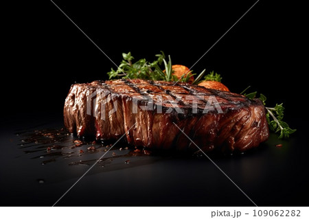 Delicious steak on black background with herbs and spices 109062282