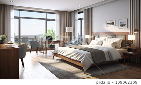 Modern bedroom with white and gray walls, cozy bed, large window, minimalist color palette, naturalistic aesthetic 109062309