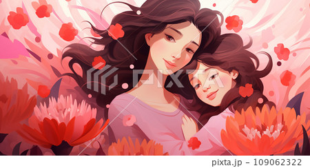 Illustration of mother and daughter on pink background, mother love and care 109062322