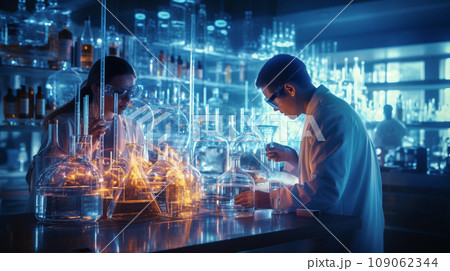 Pharmacist work in laboratory, equipment and production line for pharmaceutical glass bottles Pharmacist work in laboratory, equipment and production line for pharmaceutical glass bottles 109062344