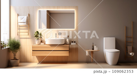 modern bathroom renovation in beige colors with wooden details modern bathroom renovation in beige colors with wooden details 109062353