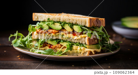 Vegan sandwich with hummus, avocado, greens on whole wheat bread Vegan sandwich with hummus, avocado, greens on whole wheat bread 109062364