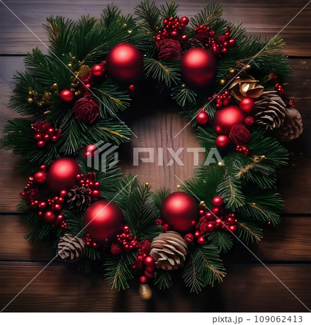 A holiday wreath with red ornaments and pine branches. 109062413