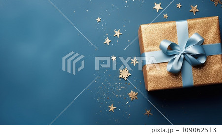 Christmas decorations on blue background, top view with space for text 109062513