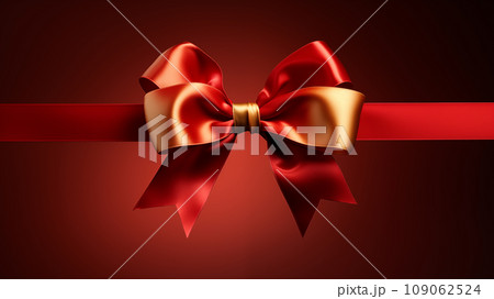 Golden ribbon with red bow isolated on black background.Holiday Festive Party Winning Banner Golden ribbon with red bow isolated on black background.Holiday Festive Party Winning Banner 109062524