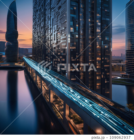 A bridge over a body of water with buildings in the background. 109062937
