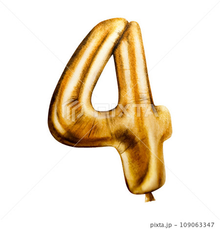 Watercolor golden foil balloon digit 4. Hand drawn birthday party number decoration isolated on white background. Shiny element for designers, prints, baby shower, postcards, wrapping paper, holiday 109063347