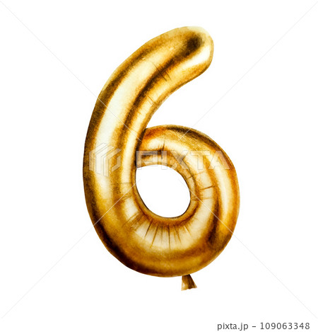 Watercolor golden foil balloon digit 6. Hand drawn birthday party number decoration isolated on white background. Shiny element for designers, prints, baby shower, postcards, wrapping paper, holiday 109063348