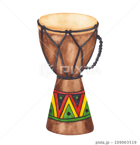 African drum tam tam, djembe, Bongo, conga, musical instrument with traditional ornaments. Kwanzaa holiday. Black history month. Hand drawn watercolor illustration isolated background. 109063519