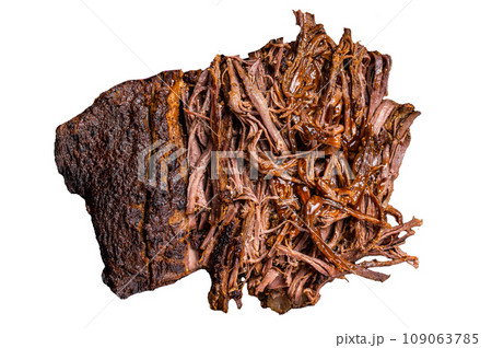 BBQ pulled pork meat on plate. Isolated, white background. 109063785