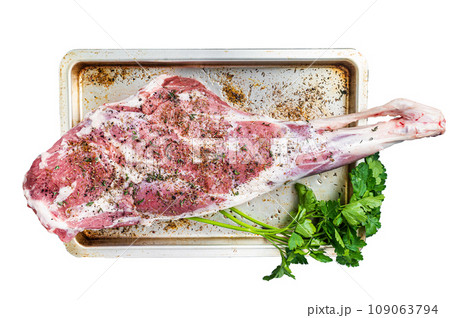 Marinated whole mutton leg, raw lamb meat with thyme, spices and olive oil. Isolated, white background. Marinated whole mutton leg, raw lamb meat with thyme, spices and olive oil. Isolated, white background. 109063794