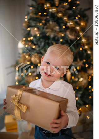 Portrait of adorable boy holding Christmas present gift box in front of decorative Christmas tree Portrait of adorable boy holding Christmas present gift box in front of decorative Christmas tree 109063897