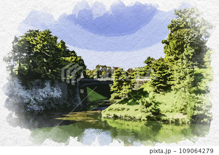 水彩画風　東京皇居外苑　二重橋（皇居正門鉄橋）　東京都千代田区 109064279