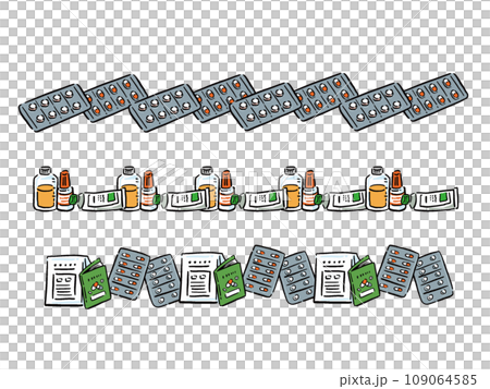 A set of line illustrations related to various medicines and medicines 109064585