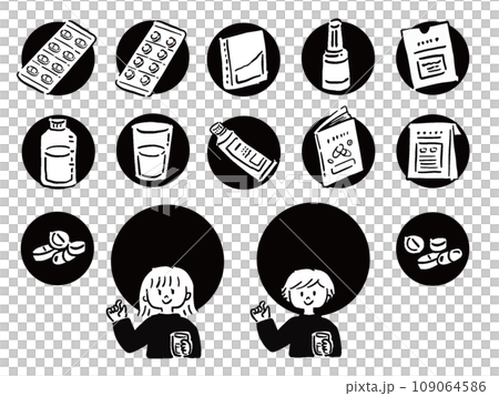 Various medicines and medicine-related icon illustration set black and white single color 109064586