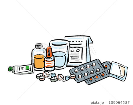色々な薬が集まる　手描き風イラスト 109064587