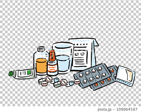 色々な薬が集まる　手描き風イラスト 109064587