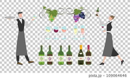 男女のソムリエとワイン、葡萄のつるを模した罫線のセットイラスト 109064646