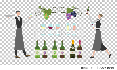 男女のソムリエとワイン、葡萄のつるを模した罫線のセットイラスト 109064646