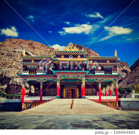 Vintage retro effect filtered hipster style travel image of Buddhist monastery in Kaza. Spiti Valley, Himachal Pradesh, India Vintage retro effect filtered hipster style travel image of Buddhist monastery in Kaza. Spiti Valley, Himachal Pradesh, India 109064885