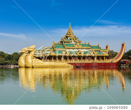 Yangon icon landmark and tourist attraction Karaweik - replica of a Burmese royal barge at Kandawgyi Lake, Yangon, Myanmar Burma Yangon icon landmark and tourist attraction Karaweik - replica of a Burmese royal barge at Kandawgyi Lake, Yangon, Myanmar Burma 109065080