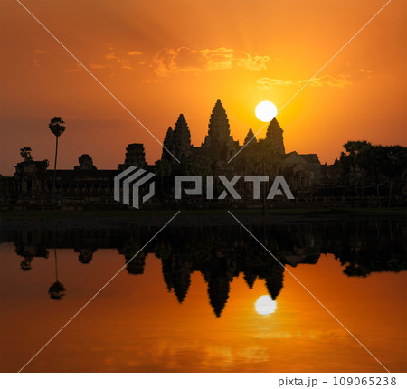 Cambodia landmark Angkor Wat with reflection in water on sunrise Cambodia landmark Angkor Wat with reflection in water on sunrise 109065238