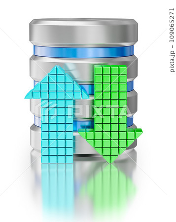 Database upload download creative concept background - hard disk drive data storage database icon symbol with arrows isolated on white background Database upload download creative concept background - hard disk drive data storage database icon symbol with arrows isolated on white background 109065271