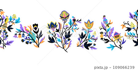 Ornamental seamless border with stylized ornate floral elements and fantasy birds. Vector illustration Ornamental seamless border with stylized ornate floral elements and fantasy birds. Vector illustration 109066239