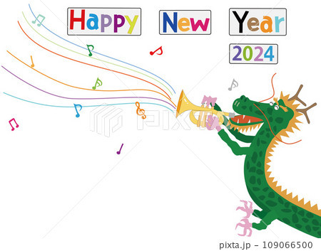 令和六年の新年の挨拶のイラスト素材です。辰が新年を祝って楽器を演奏している。 109066500