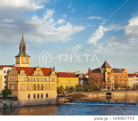 Prague Stare Mesto embankment view from Charles bridge on sunset. Prague, Czech Republic 109067753