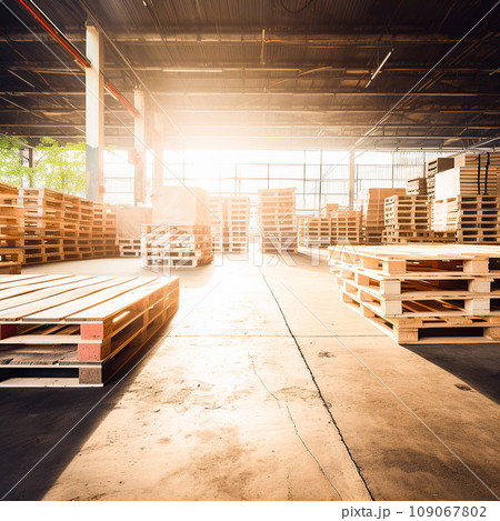 Wooden pallets are stacked in a bright, spacious warehouse 109067802