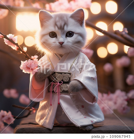 Cute charming kitty in a kimono under the branches of cherry blossoms. Cute charming kitty in a kimono under the branches of cherry blossoms. 109067945