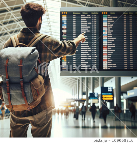 Solo Traveler Checking Flight Information Board 109068216