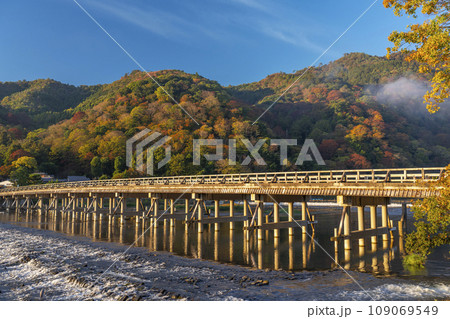 秋の京都嵐山 朝日を浴びて黄金色に輝く渡月橋 秋の京都嵐山 朝日を浴びて黄金色に輝く渡月橋 109069549
