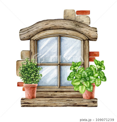 Vintage style wooden window with flower pots. Watercolor painted illustration. Hand drawn countryside house closed wooden window with oregano and thyme plants element. Isolated on white background 109071239