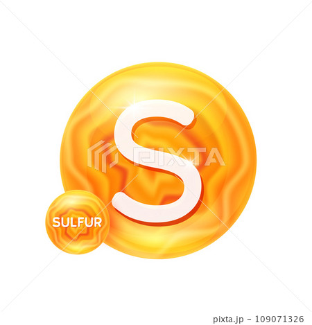 Sulfur minerals vitamins essential supplement to the health body. Mineral crystals orange stone on white background for nutrition design products food and drug. Scientific medical concept. 3D Vector. 109071326