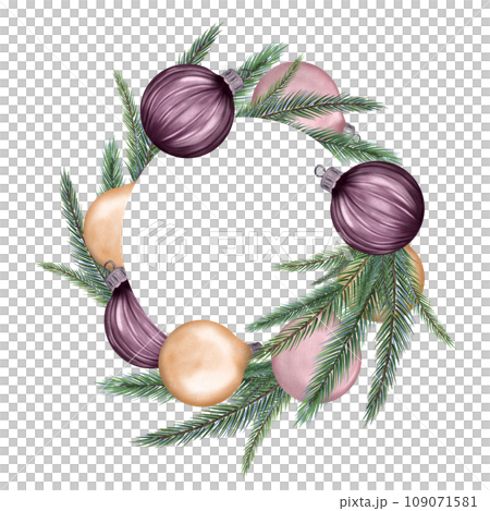 Circle frame of Christmas balls and spruce digital illustration isolated on white. Christmas decorations pastel shades, ornament hand drawn. Element for 2024 new year design, holiday card, package Circle frame of Christmas balls and spruce digital illustration isolated on white. Christmas decorations pastel shades, ornament hand drawn. Element for 2024 new year design, holiday card, package 109071581