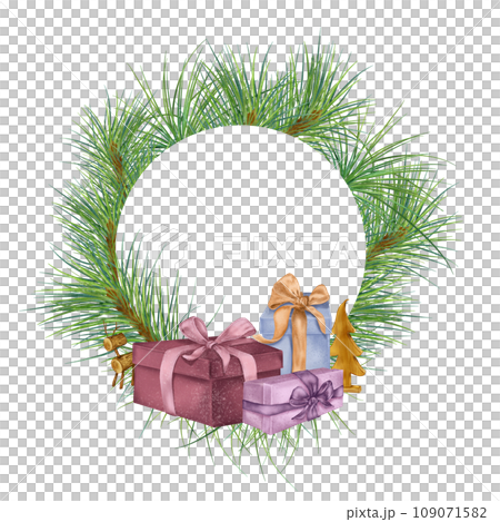Frame of Christmas tree, gift boxes and wooden toy digital illustration isolated on white. Christmas decorations pastel colors, pine branch hand drawn. Design for package, greeting card, trade 109071582