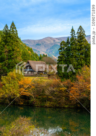 爽やかな秋の紅葉シーズンを迎えた世界遺産　五箇山　菅沼合掌造り集落｜富山県南砺市 109071899