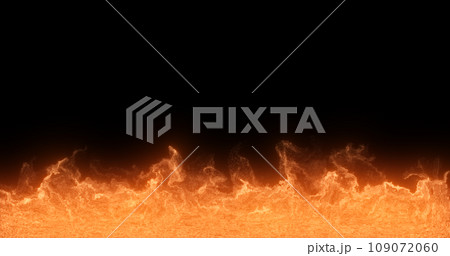 Abstract yellow orange flame fire energy magical from smoke fog glowing bright electric small particles flying dots on a black background 109072060