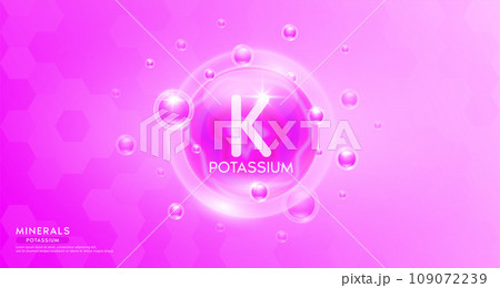 Potassium minerals inside pink bubble floating in the air. Vitamins complex essential supplement to the health care. For food  nutrition and medicine. Science medical concept. Banner 3D vector. 109072239