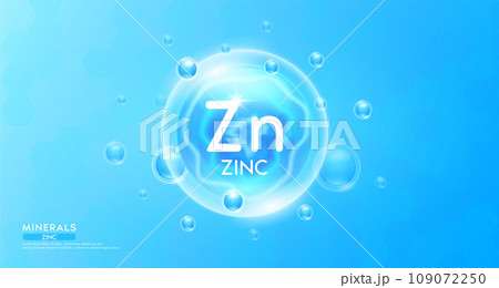Zinc minerals inside blue bubble floating in the air. Vitamins complex essential supplement to the health care. For food  nutrition and medicine. Science medical concept. Banner 3D vector. Zinc minerals inside blue bubble floating in the air. Vitamins complex essential supplement to the health care. For food  nutrition and medicine. Science medical concept. Banner 3D vector. 109072250